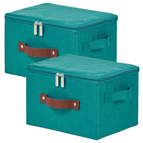 2 Pack Storage Bins with Zipper Lid Cotton Linen Fabric Lidded Storage Baskets Boxes Foldable Washable Closet Shelf Clothes Organizer Container with PU Leather Handles (Teal Blue, Small) - color: Teal Blue, size: Small ( Set of 2 )