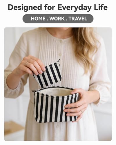 Travel Makeup Bag Set of 2, Preppy Striped Makeup Pouches for Purse, Jacquard Cosmetic Bags with Smooth Zipper Soft Lining, for Cosmetic Car Organizer, Daily, Gifts, Portable Large & Small Toiletrys - style: Striped Black Canvas