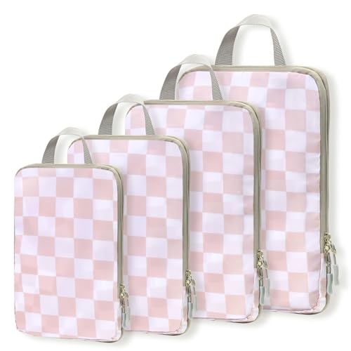 WOOMADA Compression Packing Cubes for Suitcases Travel Essentials 4 Set Expandable Travel Bags Organizer for Luggage(pink checkerboard) - color: A-pink checkerboard, size: 4 set