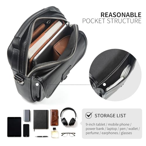 Augus Leather Small Messenger Bag For Men Crossbody Handbag Shoulder Sling Travel Bags for Men Purse Daypack Magnetic Buckle - color: Black-1