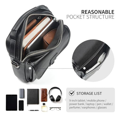 Augus Leather Small Messenger Bag For Men Crossbody Handbag Shoulder Sling Travel Bags for Men Purse Daypack Magnetic Buckle - color: Black-1