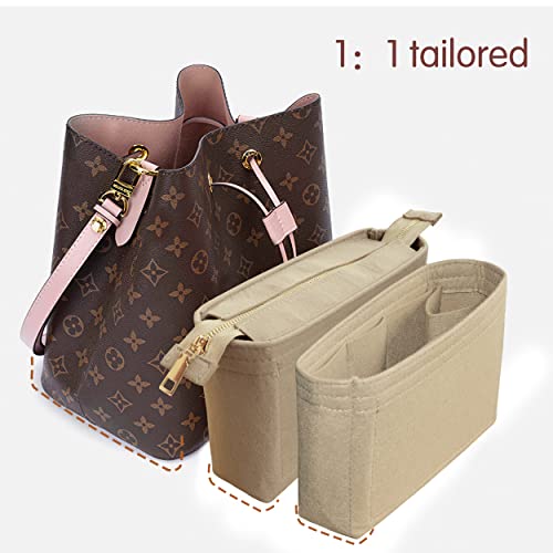 Felt Tote Bag organizer with Zipper Small Purse Organizer Insert With 2 Packs fits NeoNoe Series,Beige - color: Beige