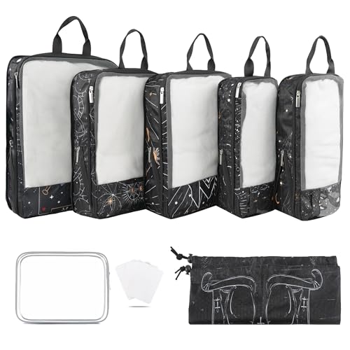 7 Pcs Compression Packing Cubes Travel for Suitcases, Luggage Organizer Lightweight Storage Bags Set for Backpack Travel- Packaging Cubes for Carry-Ons and Storage - color: black