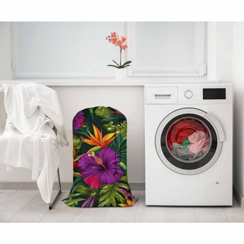 Swono Tropical Flowers Drawstring Closure Dirty Clothes Bag Organizer, Heavy Duty Large Laundry Bag, Floral Pattern Botanical Hibiscus Palm Leaf Bird Summer Rip-Stop Bags for Camp Travel - color: Tropical Flowers