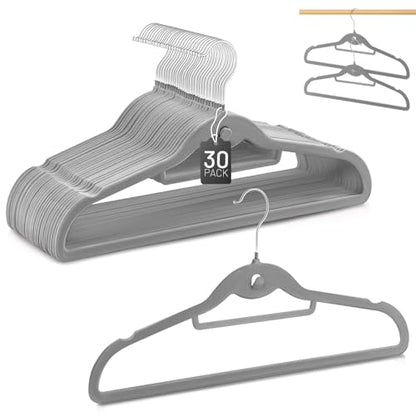 Velvet Stackable Hangers 30 Pack, STOPKLAS Grey Clothes Hangers Non Slip Felt Hanger with 360° Swivel Hook, Thin Hangers Space Saving, Heavy Duty Closet Hanger for Clothes, Coats, Suits, Dress, Pants - color: Gray
