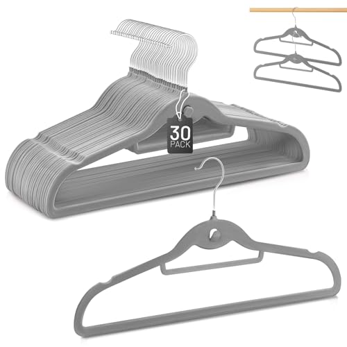Velvet Stackable Hangers 30 Pack, STOPKLAS Grey Clothes Hangers Non Slip Felt Hanger with 360° Swivel Hook, Thin Hangers Space Saving, Heavy Duty Closet Hanger for Clothes, Coats, Suits, Dress, Pants - color: Gray