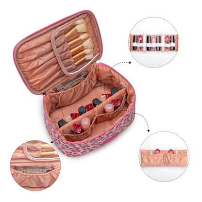 Montana West X Wrangler Travel Makeup Bag 2pcs Set Large Cosmetic Bag with Makeup Brush Holder Portable Make Up Organizer Cute Toiletry Bag with Divider and Handle for Women Leopard - color: Leopard-Pink