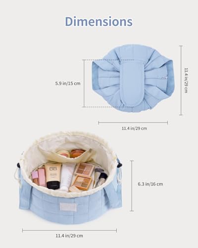 Narwey Lay Flat Open Drawstring Puffer Makeup Bag, Large Quilted Cosmetic Bag for Women Girls, Cute Make up Bags with Handle, Travel Toiletry Bag for Skincare, Brushes & Travel Essentials (Blue) - color: B-Quilted Blue