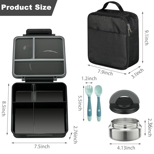 Bento Lunch Box Set for Kids with 8oz Soup Thermo, Leak-Proof Lunch Containers with 4 Compartment, Kids Thermo Hot Food Jar and Insulated Lunch Bag for Kid to School-Black - color: Black