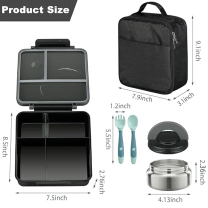 Bento Lunch Box Set for Kids with 8oz Soup Thermo, Leak-Proof Lunch Containers with 4 Compartment, Kids Thermo Hot Food Jar and Insulated Lunch Bag for Kid to School-Black - color: Black