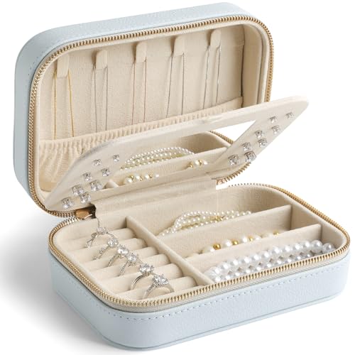 Genuine Leather Travel Jewelry Organizer Case with Mirror for Women, Small Mini Portable Jewelry Box for Ring Earrings Necklace Bracelet Luxury Gift for Women（Light Blue） - color: Lychee Grain Leather Baby Blue