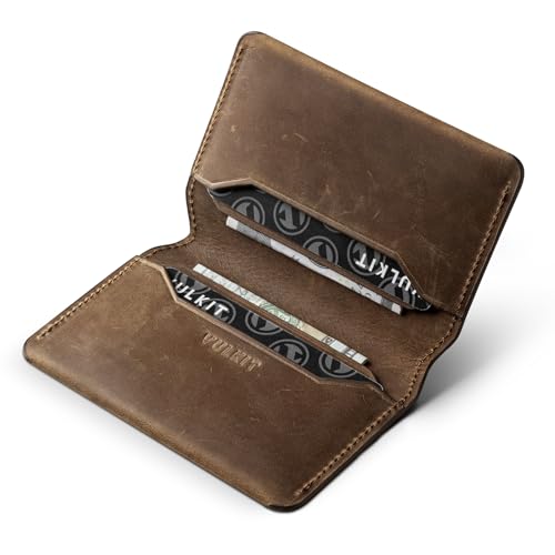 VULKIT Slim Minimalist Card Holder RFID Blocking Leather Credit Card Holder Front Pocket Wallet Magnetic Closure, Handcrafted Cowhide Version - color: Handicrafts Cowhide- Espresso