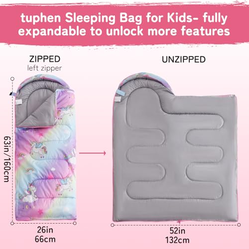 tuphen Kids Sleeping Bag - 50-77℉ 3-Season Waterproof Sleeping Bag for Boys & Girls, Lightweight 2.2 lbs Camping Gear with Compression Bag Ideal for Camping, Hiking, Indoor - color: Purple
