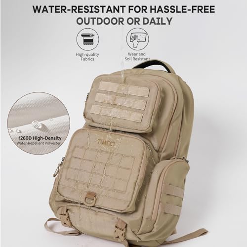 Timeet Tactical Backpack for Men, 21 Inch Khaki 40L Large Capacity, Laser Cut Molle Three Sided Opening, Water Resistant 17 inch Laptop Military Hiking 3 Day Assault Pack - color: Khaki