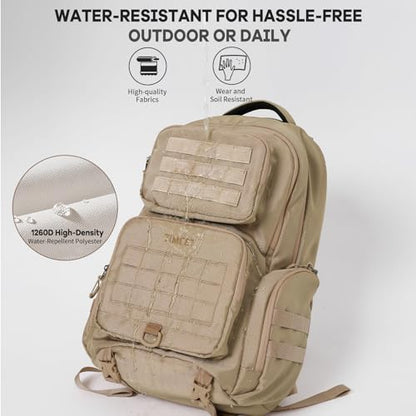Timeet Tactical Backpack for Men, 21 Inch Khaki 40L Large Capacity, Laser Cut Molle Three Sided Opening, Water Resistant 17 inch Laptop Military Hiking 3 Day Assault Pack - color: Khaki