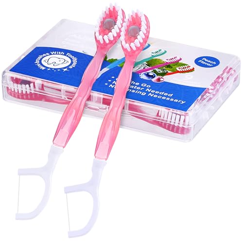 36 Pack Mini Disposable Toothbrushes – 5-in-1 Prepasted Travel Toothbrush with Toothpaste Floss & Pick for Hotel Camping Flight & Car & Guest Use – Portable Essentials for Women Men Kids - color: Pink 36 Pack Peach Flavor