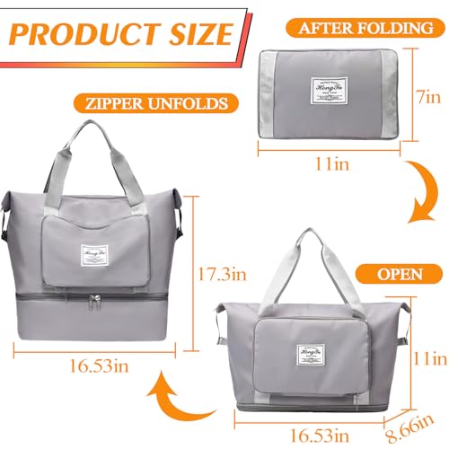 INVODA Travel Bag for Women Expandable Duffel Bag Tote Weekender Overnight Carry on Sports Gym Bags Waterproof Foldable Duffel Tote (Grey)