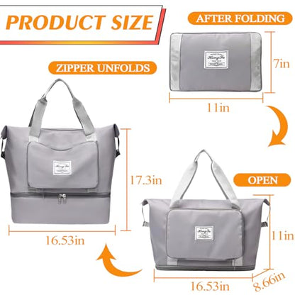 INVODA Travel Bag for Women Expandable Duffel Bag Tote Weekender Overnight Carry on Sports Gym Bags Waterproof Foldable Duffel Tote (Grey)