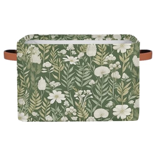 White Flower Green Leaf Rectangular Storage Bin Collapsible Storage Basket Organizer Boxes with Leather Handle Storage Cube for Shelves Toy Laundry Nursery 1 PC - color: White Flower Green Leaf, size: 1 Pc