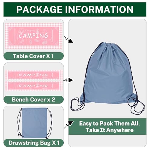 Picnic Table Cover with Bench Covers Elastic Edges, Pink Camper Fitted Table Cover, Outdoor Patio Camping Essentials 72 Inch 3PCS, Waterproof Camping Fitted Tablecloth with Drawstring Bag - color: Pink, size: 72in