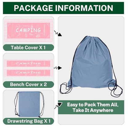 Picnic Table Cover with Bench Covers Elastic Edges, Pink Camper Fitted Table Cover, Outdoor Patio Camping Essentials 72 Inch 3PCS, Waterproof Camping Fitted Tablecloth with Drawstring Bag - color: Pink, size: 72in