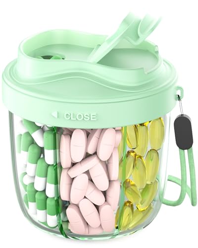 Cute Pill Organizer,Pill Dispenser with 7 Large Compartments,Portable Pill Bottle Box with Wide Opening for Easy Use, Anti-Mix Pills Organizer for Travel,Includes 20 Pcs Sticky Labels（Green） - color: Green