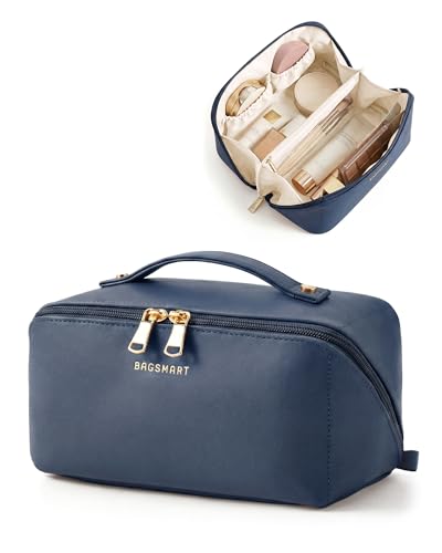 BAGSMART Makeup Bag Travel Cosmetic Bag, Large Make Up Bag Flat Open Toiletry Bag for Women, PU Leather Travel Essentials Organizer Case, Wide-open Pouch Purse for Skincare, Brushes, Deep Navy - color: 13- Deep Navy