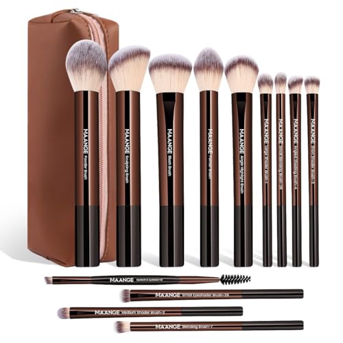 MAANGE 13 PCS Makeup Brushes Professional Make Up Brushes Premium Synthetic Powder Concealers Brushes Travel Makeup Brush Set with Case (Coffee) - color: Coffee