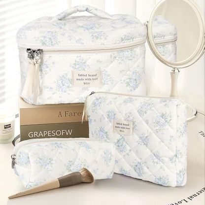 GISMTR 3Pcs Cotton Quilted Makeup Bag Large Travel Cosmetic Bag Coquette Makeup Pouch Cute Aesthetic Floral Toiletry Bag for Women Girls (flower-T) - color: flower-T