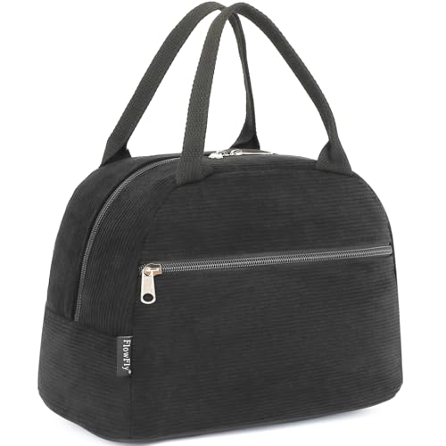 FlowFly Lunch Bag for Women Insulated Lunch Box Corduroy Lunch Tote Cooler for Travel Work Picnic,Corduroy Black - color: Corduroy Black