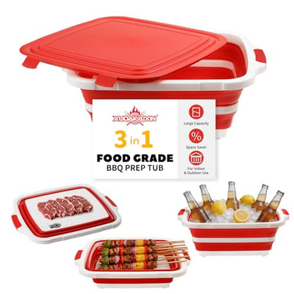XUDAKAIXIN Collapsible BBQ Prep Tub for Meal Prep, Marinating,Food Storage, picnics, camping, barbecues,cutting fruits and vegetables - Includes Cutting Board and Locking Lid,(X-Large) Red - color: (X-Large)Red