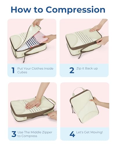 BAGSMART Compression Packing Cubes - 6 Set Travel Packing Cubes for Suitcases, Compression Suitcase Organizers with Shoe Bag - color: 05-White Opal
