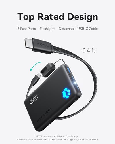 INIU 45W Fast Charging Portable Charger, 40% Smaller 10000mAh with Detachable Cable, Flight-Safe Travel Power Bank, USB C External Phone Battery Pack for iPhone 17 16 Pro iPad Samsung S26 Google etc - color: Black