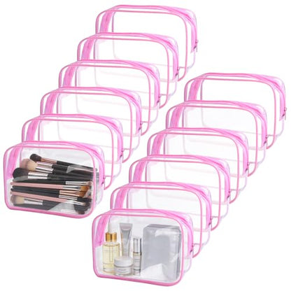 12 Pieces Clear Makeup Bags Bulk, TSA Approved Toiletry Bag PVC Cosmetic Toiletries Pouch with Zipper, Waterproof Vinyl Plastic Organizer Case for Carry-on Travel Essentials (Pink Medium) - color: 12 Medium Pink