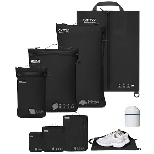 ONTYZZ Vacuum Bags for Travel, Professional Reusable Organizer Bag with IPX8 Waterproof Zipper, Durable Seal Space Saver and ShoseBags for Traveling Essentials, Black (4 Set With Pump) - color: Black, size: 4 Set,with Pump