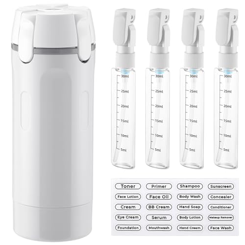 Domensi 4 in 1 Travel Dispenser with 4 Pack 30ml Travel Bottles and Label Refillable & Leak Proof Portable Toiletry Containers with Locks for Shampoo Lotion Conditioner Cream (White) - color: White