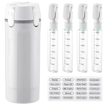 Domensi 4 in 1 Travel Dispenser with 4 Pack 30ml Travel Bottles and Label Refillable & Leak Proof Portable Toiletry Containers with Locks for Shampoo Lotion Conditioner Cream (White) - color: White