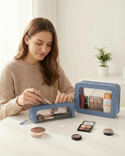 LETGO Clear Makeup Brush Bag Pouch, Waterproof PU Leather Portable Makeup Bag Holder with Transparent Window, Travel Lipstick Case Pouch Car Organizer and Storage (Slim, Blue) - color: Blue, style: Slim