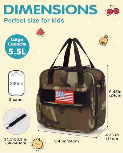 Tactical-style Lunch Bag 5L Kids Lunch Bag with Adjustable Shoulder Strap Easy to Clean Leakproof Wipeable liner Toddler Lunch Box Bag for Boys Girls School and Daycare - color: Green Camo