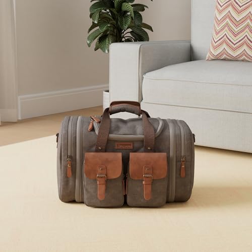 Wildroad 50L Travel Duffel Bag, Expandable Canvas Genuine Leather Duffle Bag Upgraded Overnight Weekender Carry on Bag - color: Grey, size: Large-50L Duffle Bag