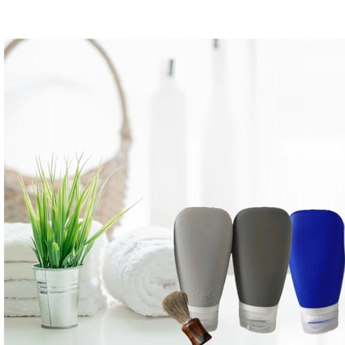 Leak Proof Silicone (Soft) Refillable Bottles 3oz-90 ml Travel Squeeze Bottles for Toiletries, TSA Size Containers for Lotions, Shampoos, Soaps, Sanitizer (3-Pack) Men or Women - color: Black-Gray-Blue