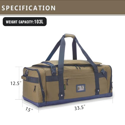 Large Duffle Bag for Travel - Men & Women, Foldable Gym Duffle Backpack, Heavy Duty Tactical Military Canvas Duffel Bags, Extra Big Carry On with Shoe Pockets, Waterproof (80L/103L) - color: Brown, size: L(103L)