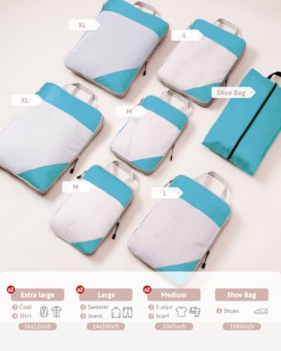 Meowoo 7 Set Compression Packing Cubes for Travel, Durable Ripstop Mesh Suitcase Organizer with Shoe Bag, Ultralight & Expandable Space Saver Travel Cubes - color: Turquoise