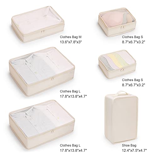 Mossio 6 Set Packing Cubes with Shoe Bag - Lightweight Travel Luggage Suitcase Organizers - color: Beige