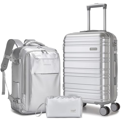 LARVENDER Carry on Luggage 22x14x9 Airline Approved Hardshell Suitcase with Wheels TSA Lock, PC+ABS Lightweight Suitcase Set for Women with Travel Backpack, Glossy Silver, 3 Piece Set - color: Glossy Silver (XL-BP), size: 3 Piece Set (Backpack/TB/20)