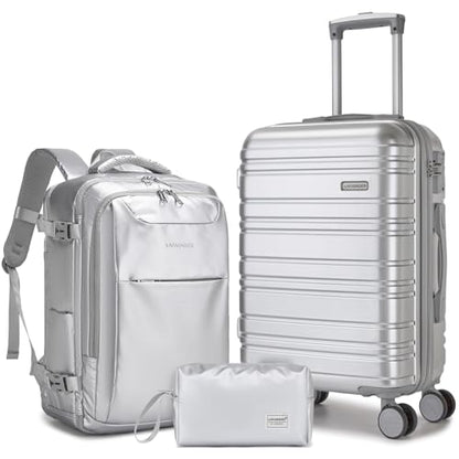 LARVENDER Carry on Luggage 22x14x9 Airline Approved Hardshell Suitcase with Wheels TSA Lock, PC+ABS Lightweight Suitcase Set for Women with Travel Backpack, Glossy Silver, 3 Piece Set - color: Glossy Silver (XL-BP), size: 3 Piece Set (Backpack/TB/20)