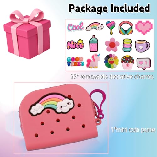 Soft Silicone Mini Coin Purse with Zipper and Cartoon Hole,with 15 pcs DIY Charms. Portable Keychain Pouch Organizer (Pink) - color: Pink