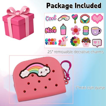Soft Silicone Mini Coin Purse with Zipper and Cartoon Hole,with 15 pcs DIY Charms. Portable Keychain Pouch Organizer (Pink) - color: Pink