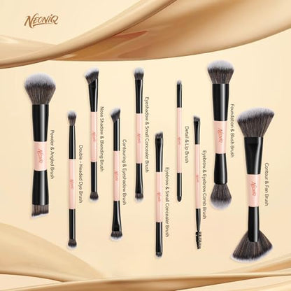 10 PCS Travel Makeup Brush Set With Bag, Makeup Brushes, Double-End Multi-functional Brushes for Foundation Powder Blush Eyeliner Eyeshadows, Professional Face Brush Set（Pink） - color: Pink