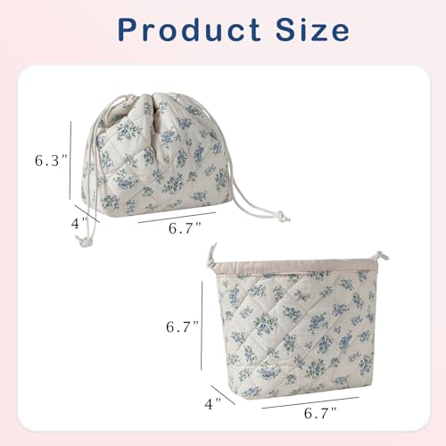 Cotton Quilted Drawstring Makeup Bag with Canvas Lining,Coquette Aesthetic Cute Travel Toiletry Bag,Drawstring Gift Bag for Women and Girls（11Blue Flower） - color: 11Blue Flower